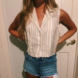 Linen Beach Collar cream/blue cropped collar shirt